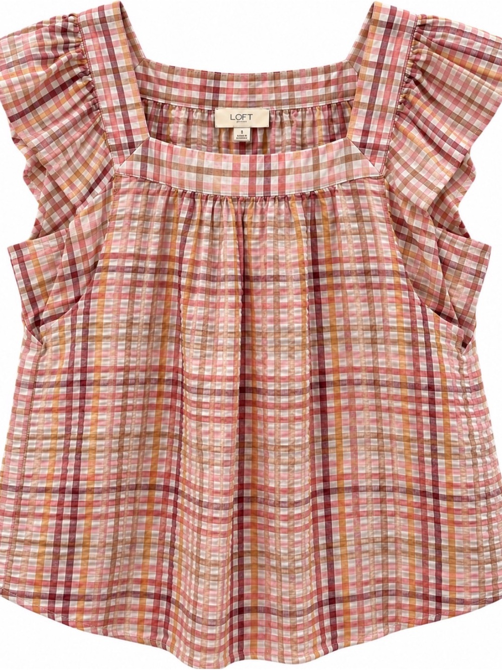 LOFT Women’s Plaid Flutter Sleeve Blouse Size Small EUC